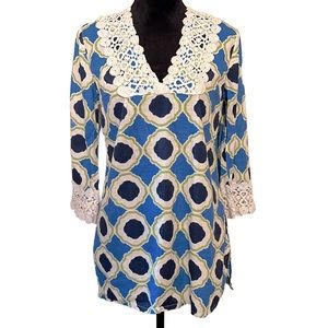 MUD PIE Retro Vibrant BOHO Cotton Crochet Trimmed Tunic Women’s Sz S